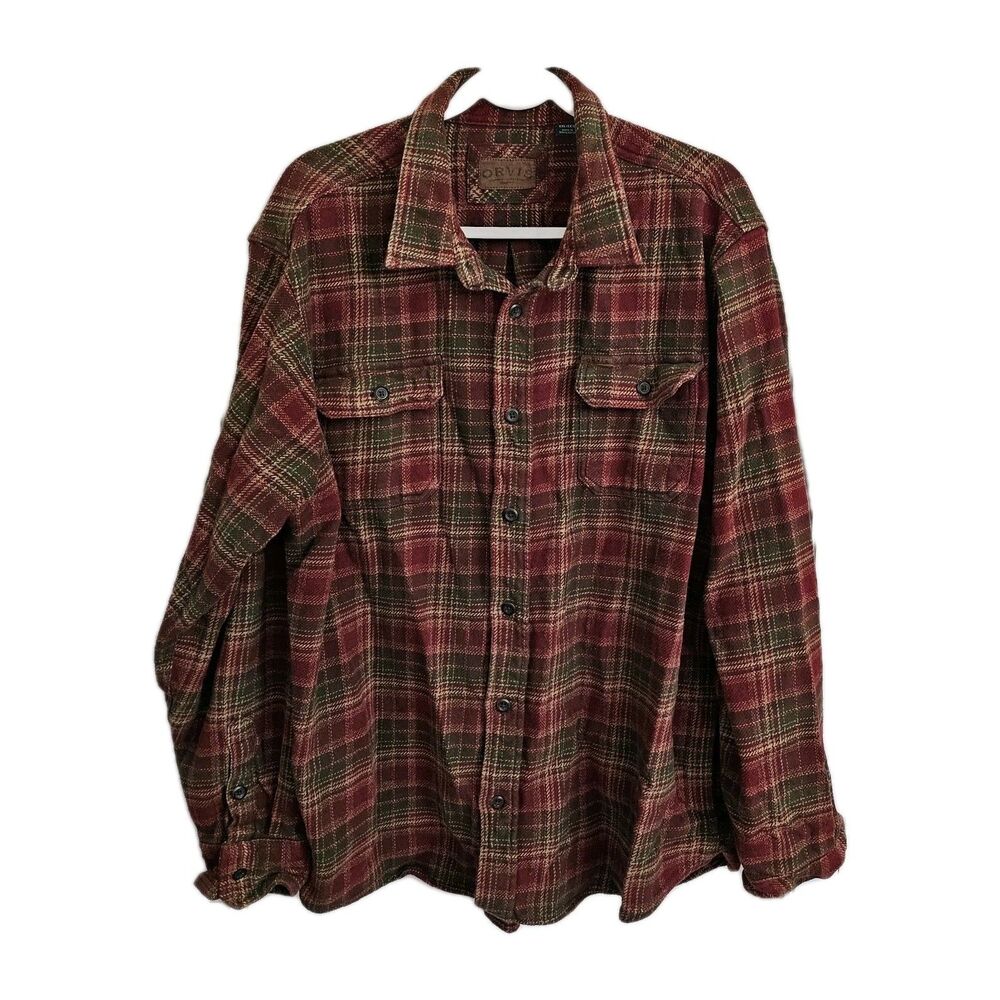 Orvis Shacket Mens XXL Red Rust Plaid Heavyweight Flannel Shirt Jacket Classic